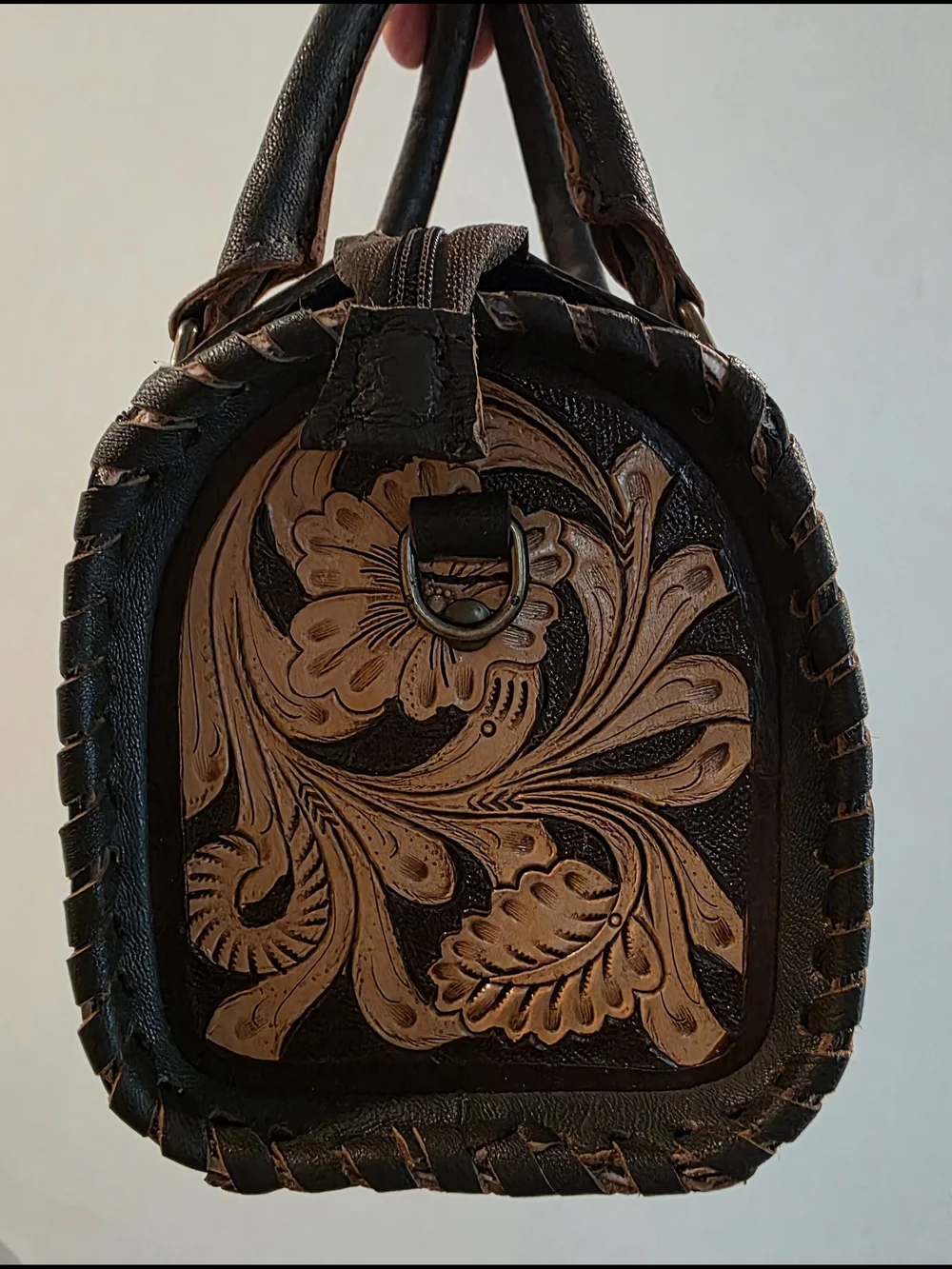Hand-Tooled Brown Leather Satchel with Turquoise Concho